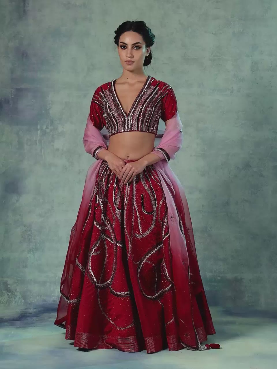 A Cotton Silk Lehenga Set With Organza Dupatta
