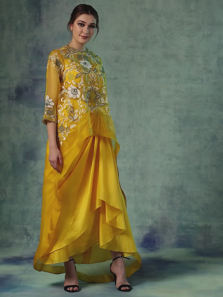 Organza High Low Cape On Bustier And A Drape Skirt