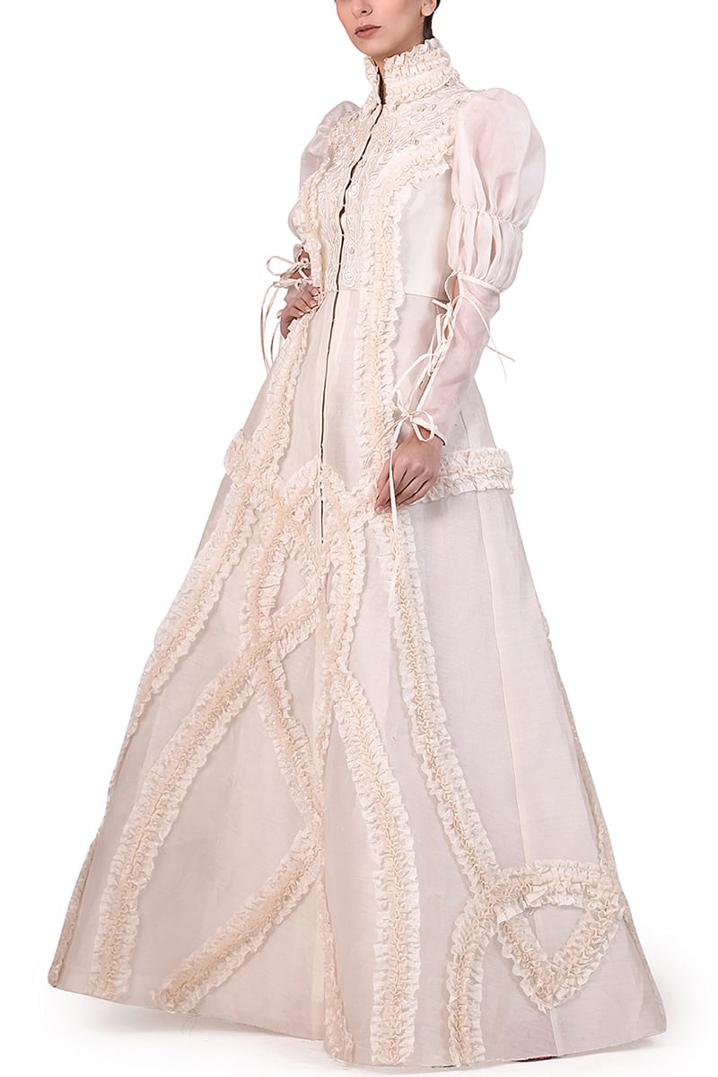 Beautiful Silk shaded Long Gown with jacket. Embellished with hand  embroidery work. | Long gown dress, Long gown design, Long dress design