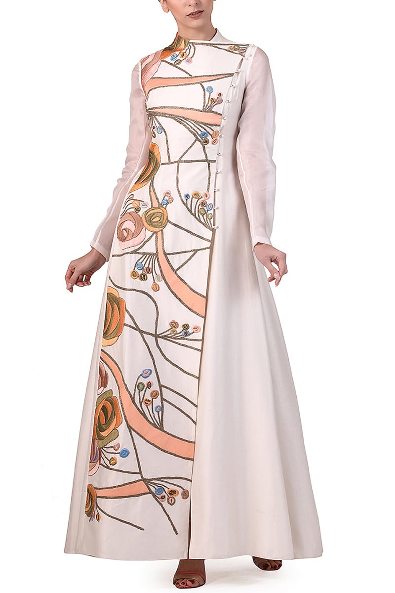 Overlap Placket Embroidered Gown