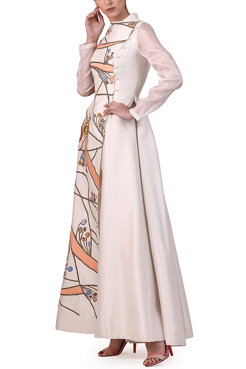 Overlap Placket Embroidered Gown