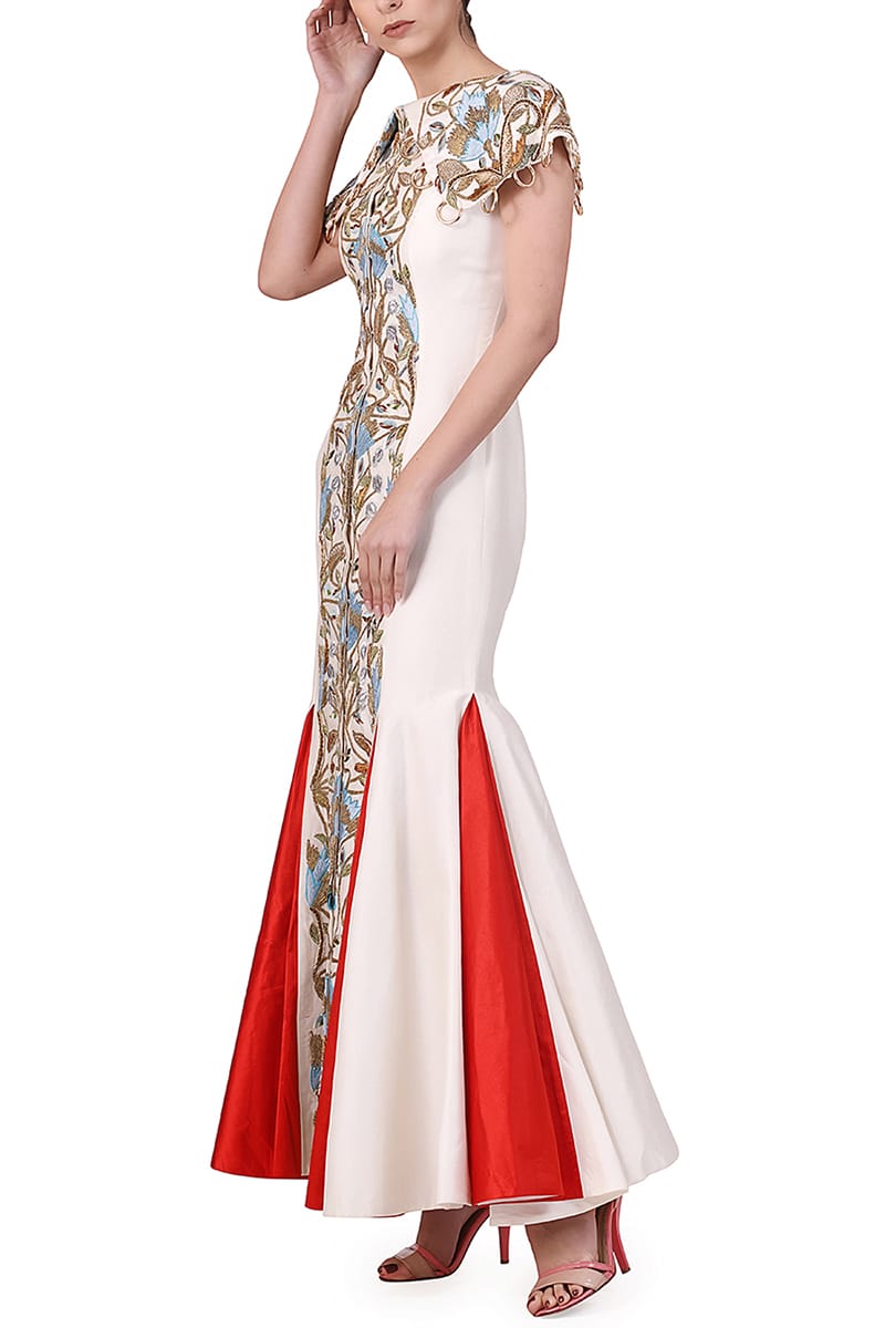 Panelled Cape Shoulders Embroidered Gown