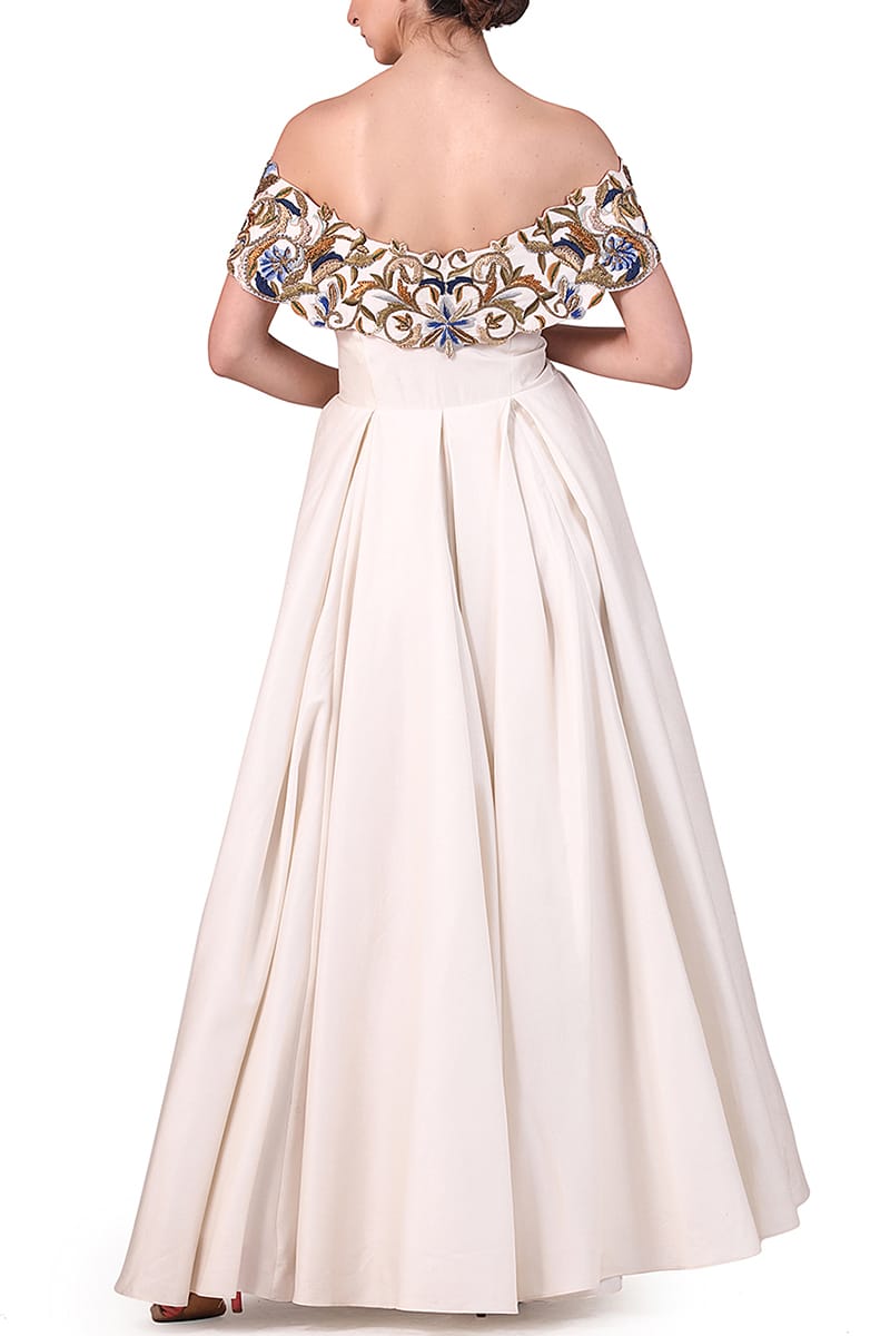 Fit & Flare Off-shoulder Embroidered Gown