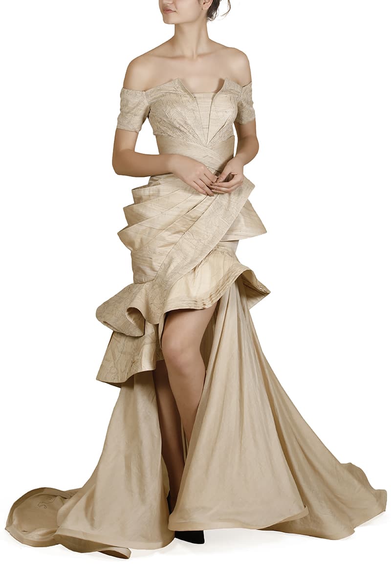 Surface Textured, Draped & Panelled Gown