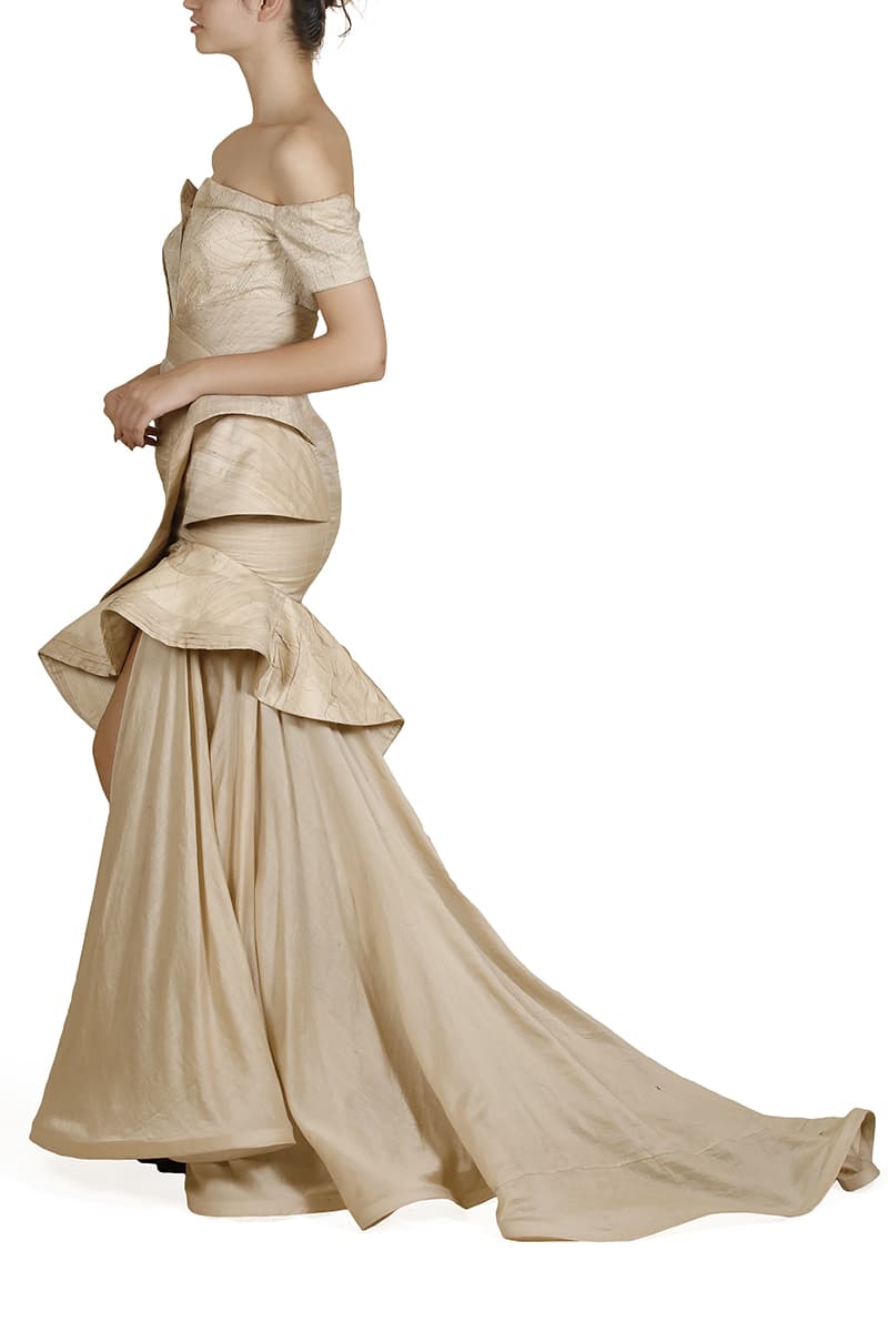 Surface Textured, Draped & Panelled Gown