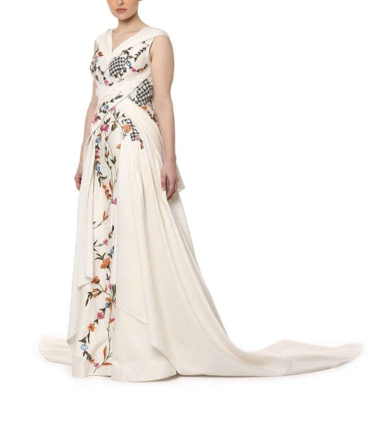 Pleated Embroidered Gown