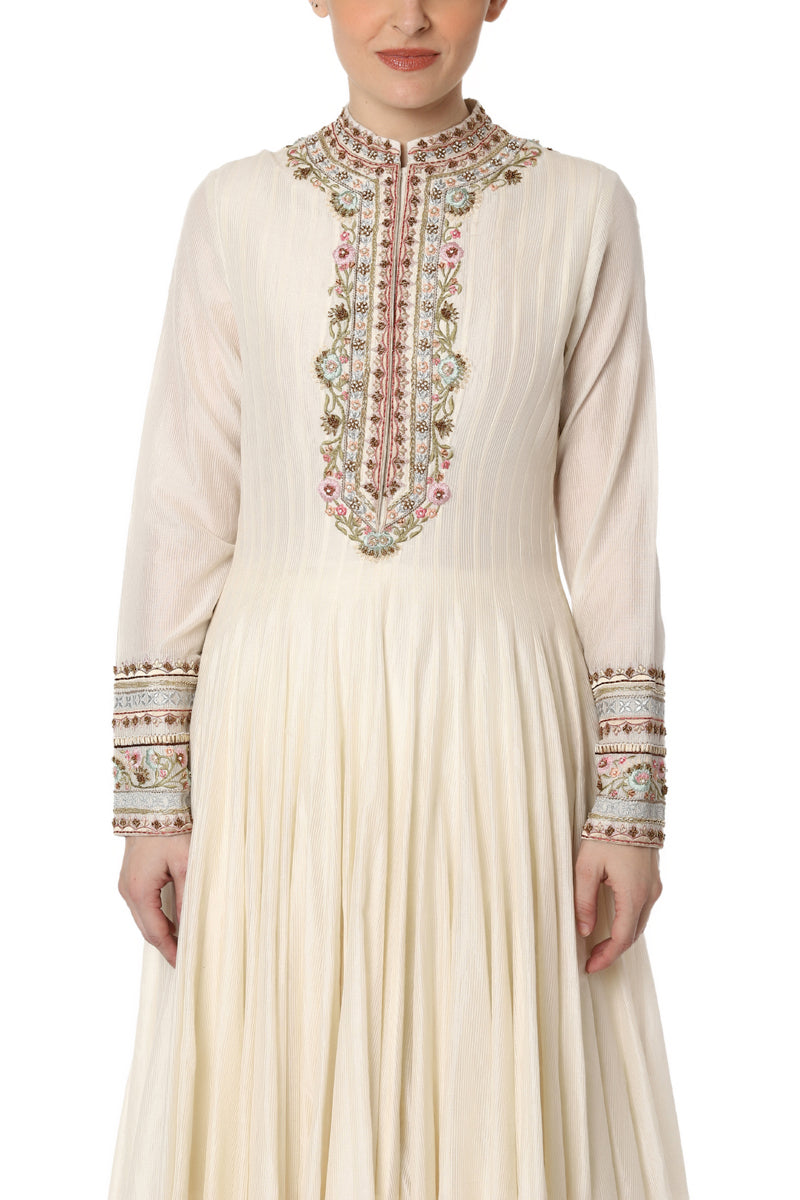 Ivory Anarkali set with an embroidered neckline and organza dupatta