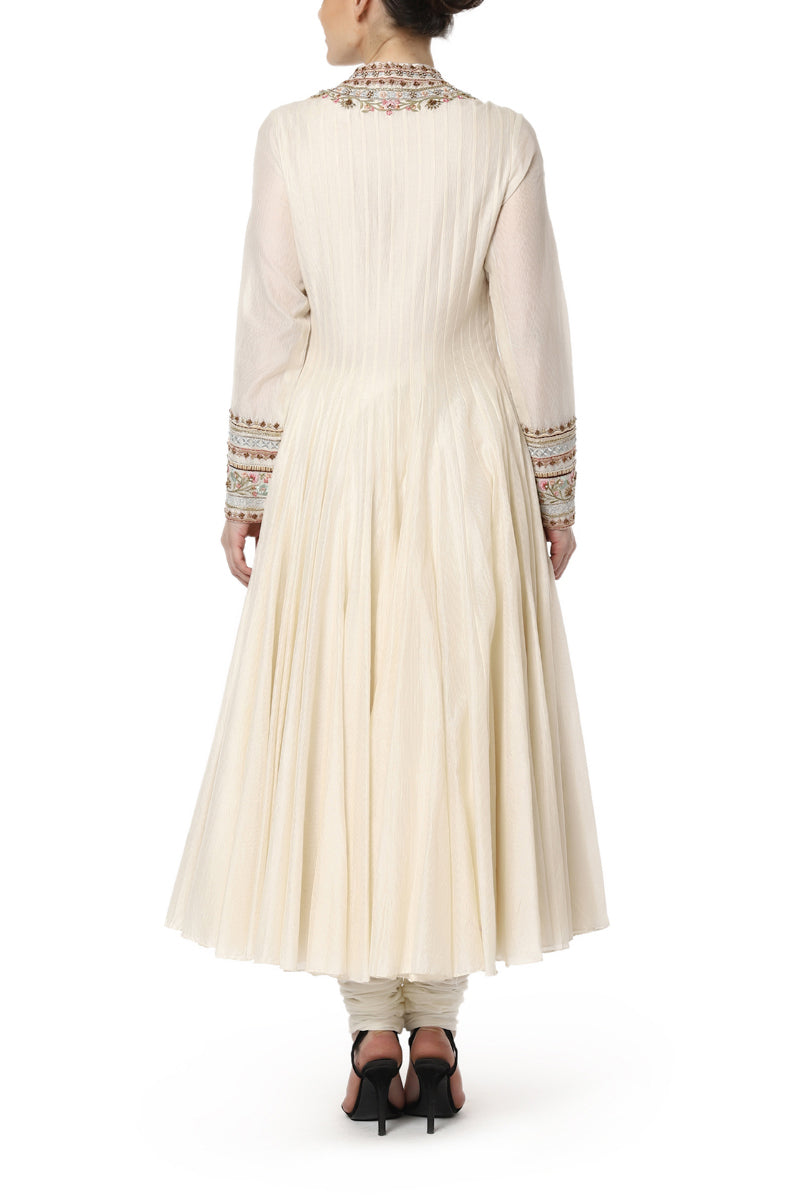 Ivory Anarkali set with an embroidered neckline and organza dupatta