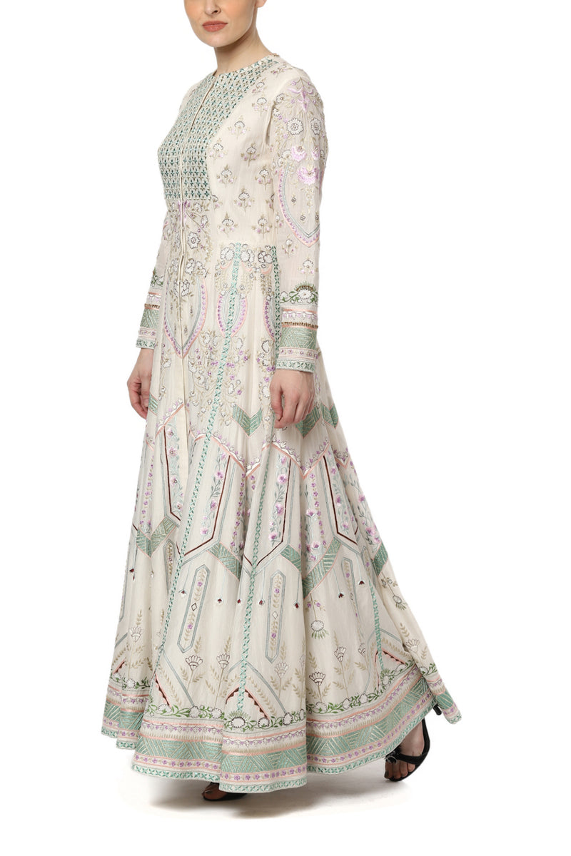 Embroidered Front Open Kalidar Dress