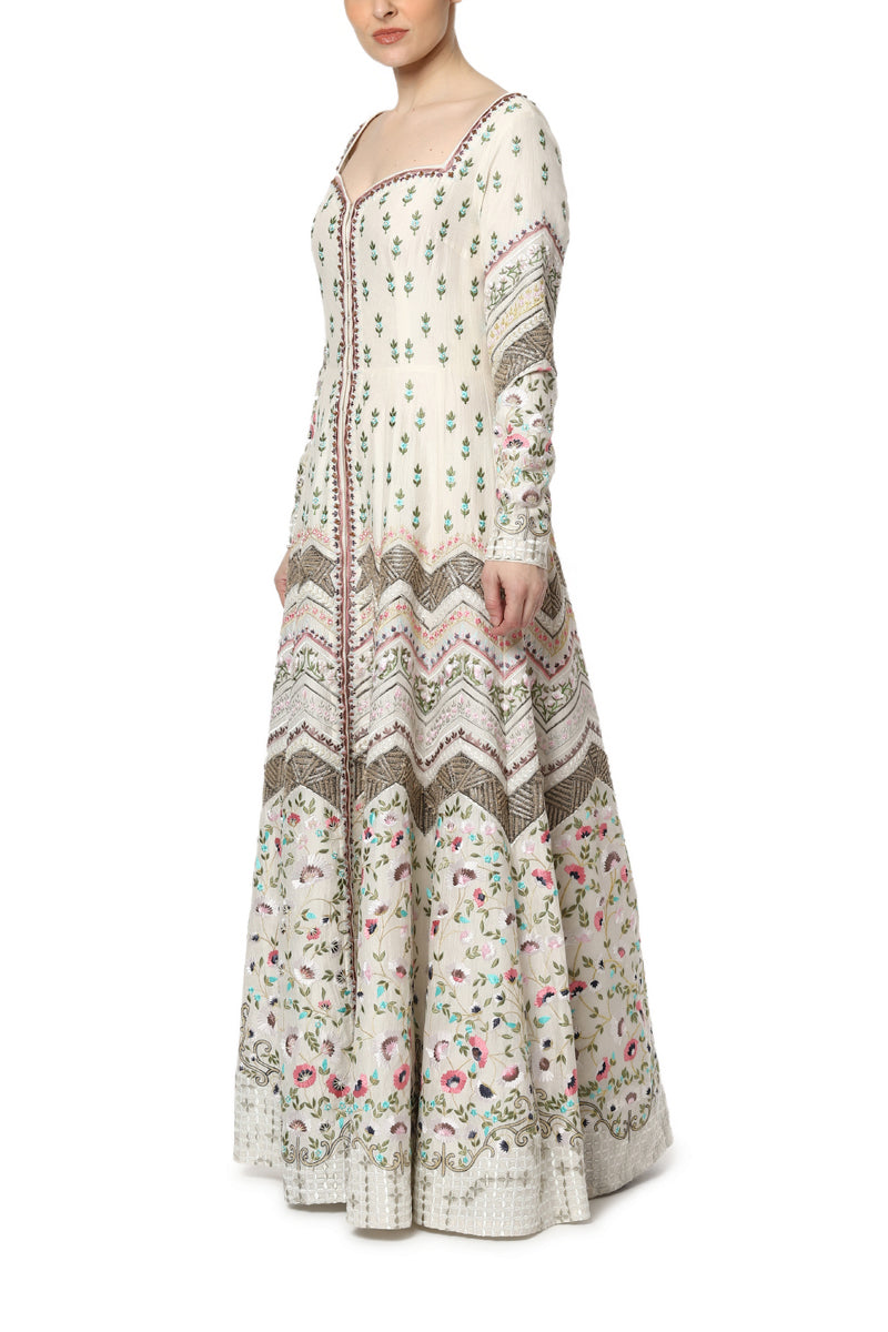 Floor Length Embroidered Front Open Dress