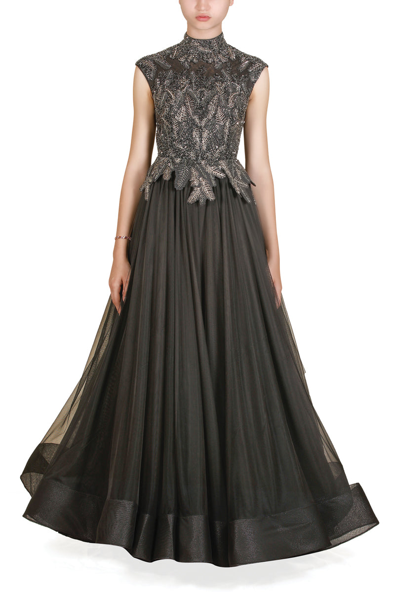 High-Neck Embroidered Gown
