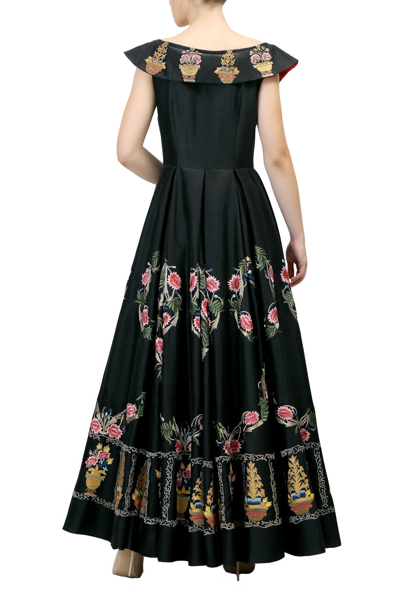 Designer chinon flower printed regular sleeve boat neck long gown by ethnic  clothing