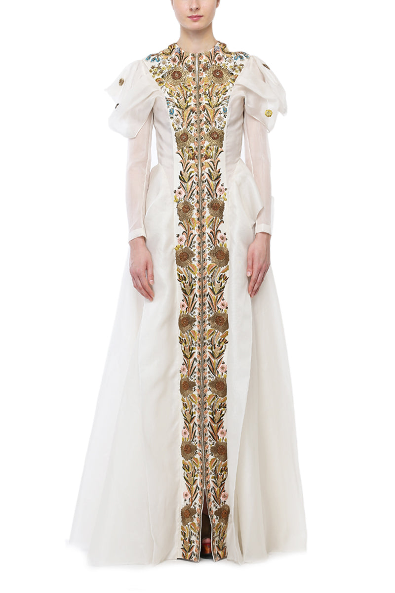 Elongated Puff-Sleeves Embroidered Gown