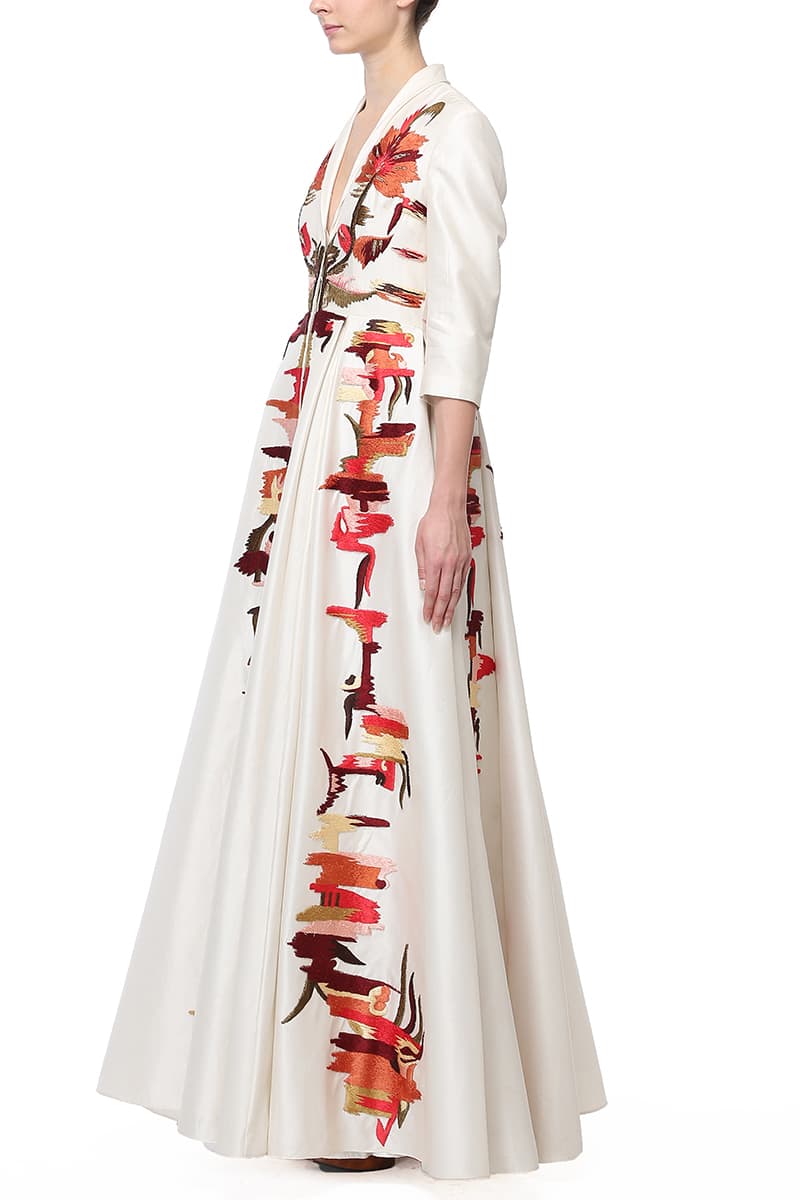 Abstract Embroidery showcased on ivory cotton silk Gown