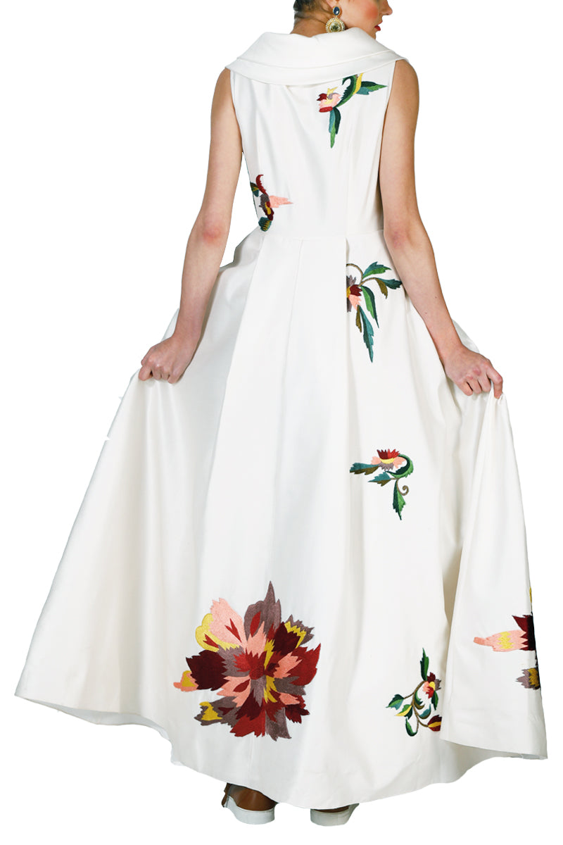 Floral Embroidery Overlap Neck Gown