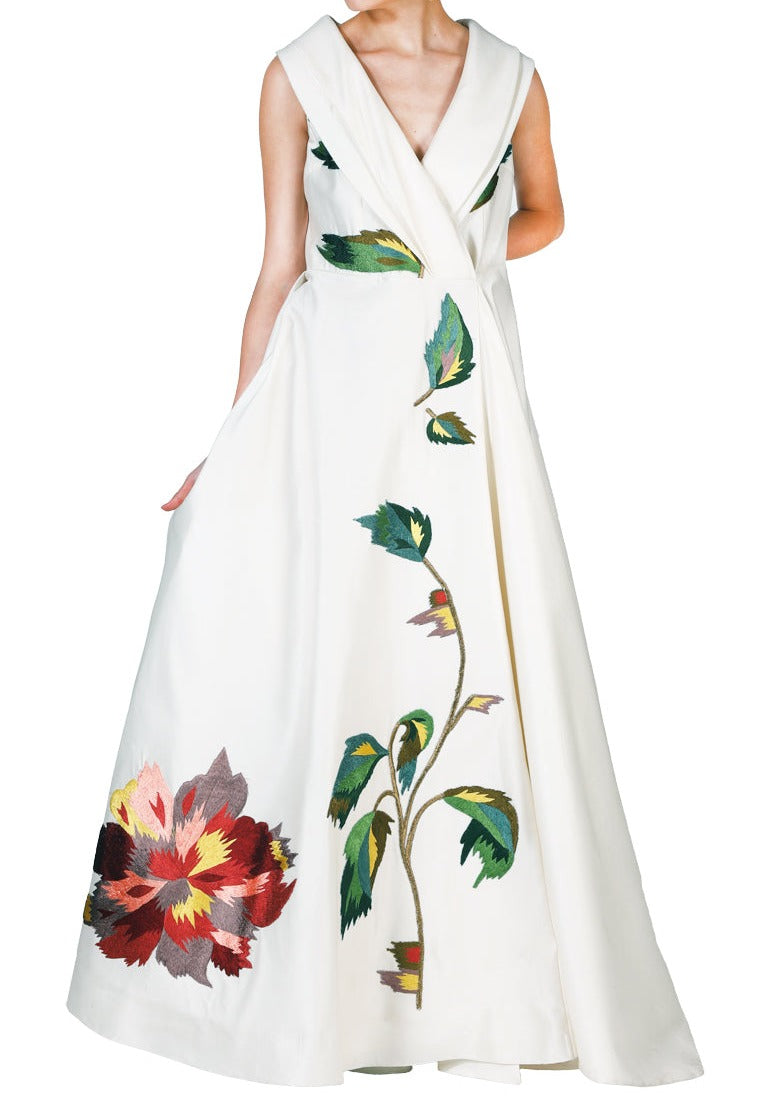 Floral Embroidery Overlap Neck Gown