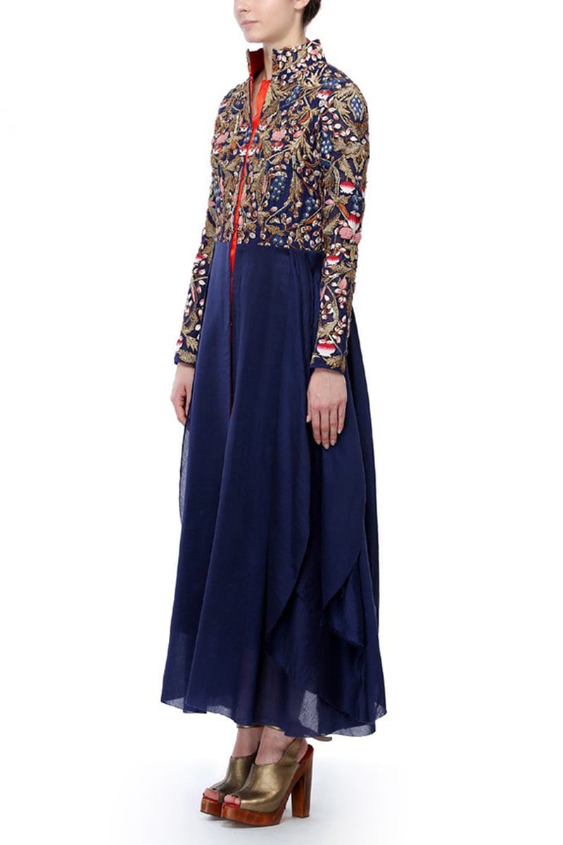 High-Collared Asymmetric Embroidered Dress
