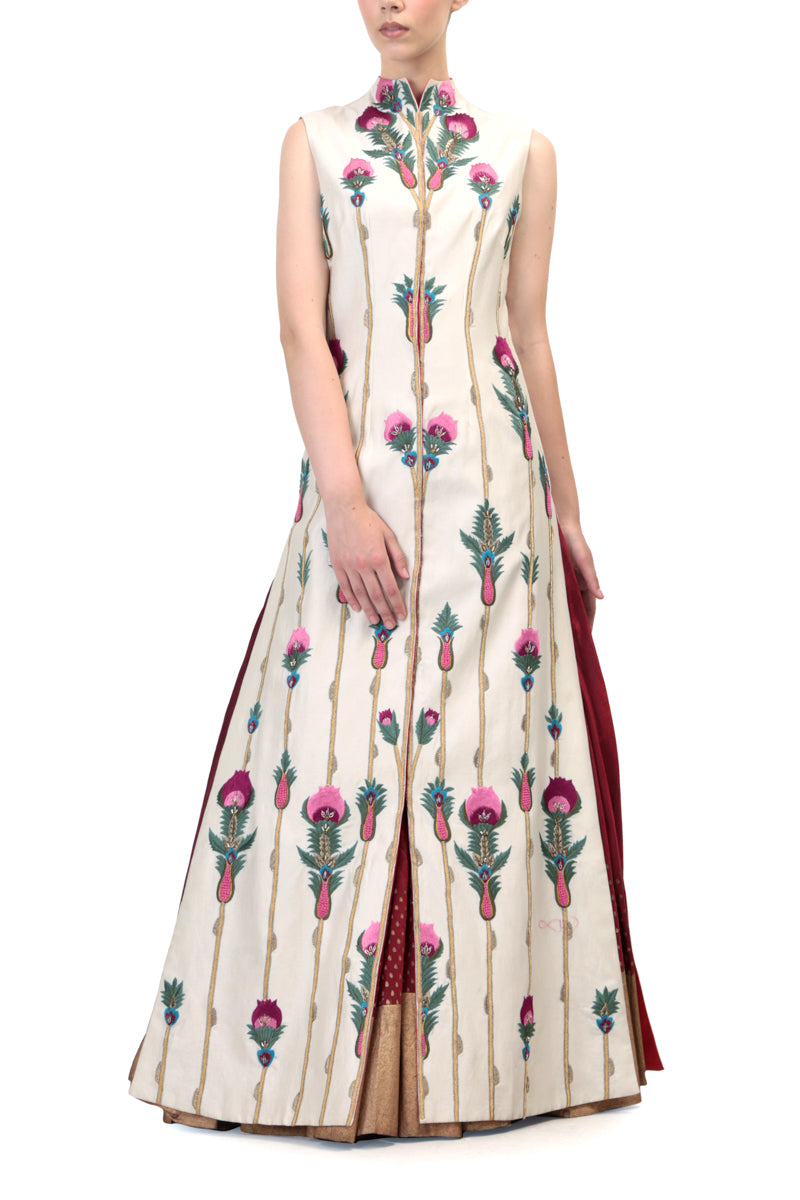 Front-opening Embroidered Jacket Kurta with block printed skirt