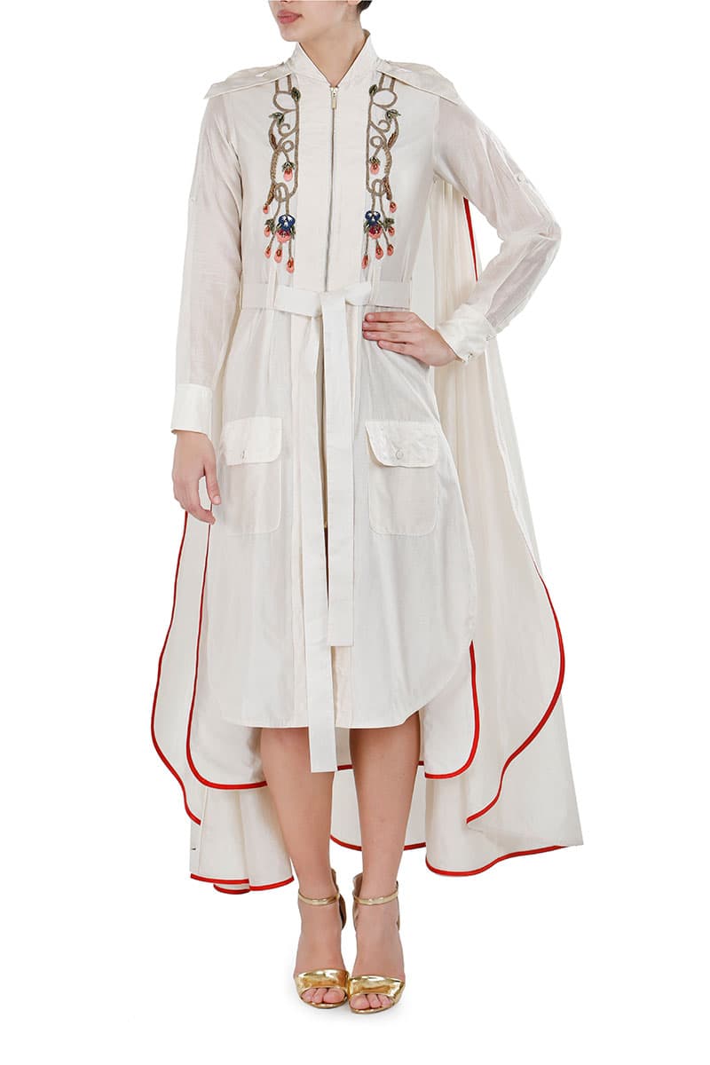Ivory shirt dress with an attached Cape and Front Tie-up