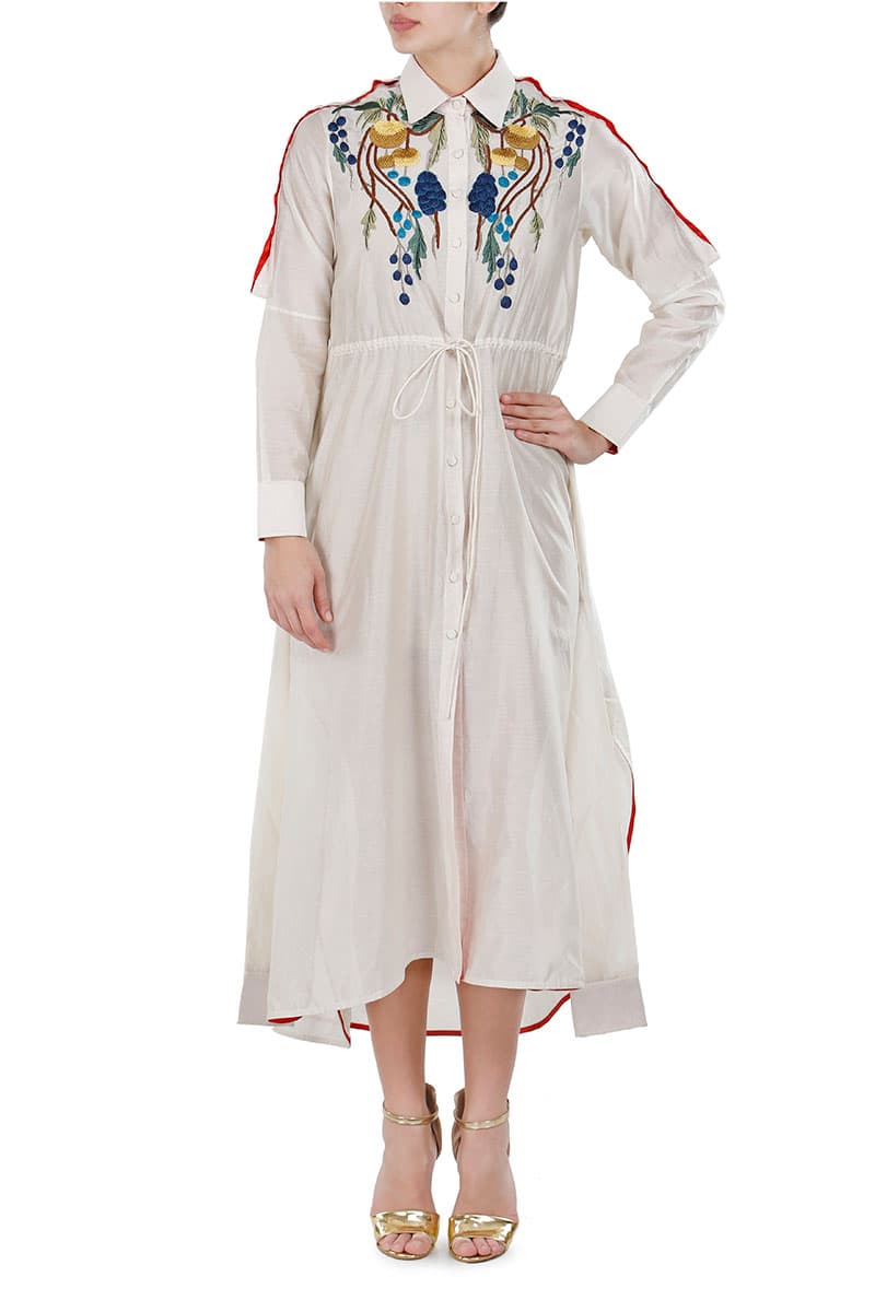 Tie-up Embroidered Full-sleeves Shirt Dress