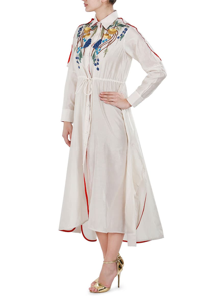 Tie-up Embroidered Full-sleeves Shirt Dress