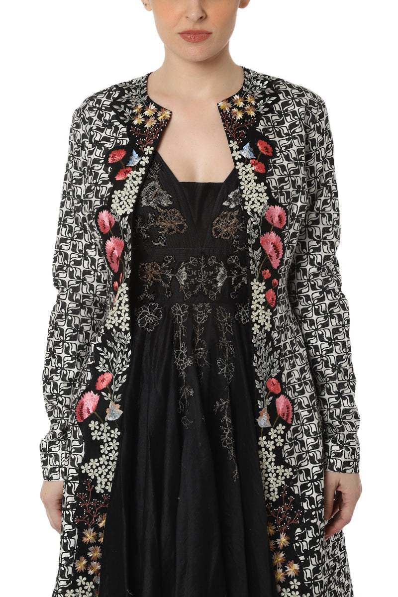 Block printed and embroidered jacket with inner dress