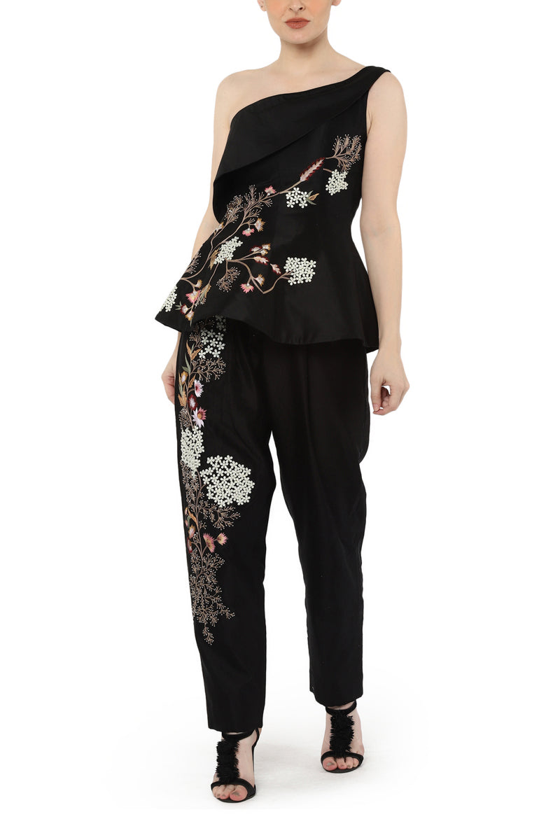 One shoulder, corset-style peplum top with pants