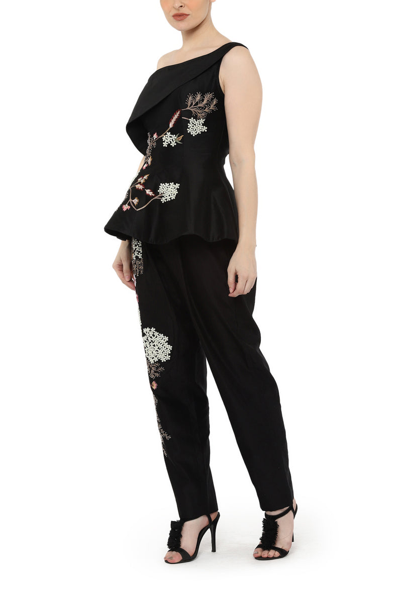 One shoulder, corset-style peplum top with pants