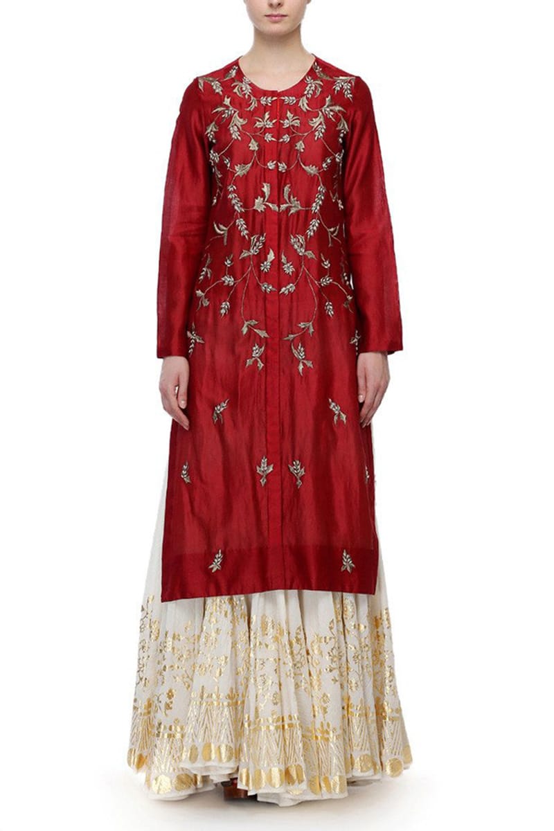 Front-opening Embroidered Kurta & Foil Printed Skirt
