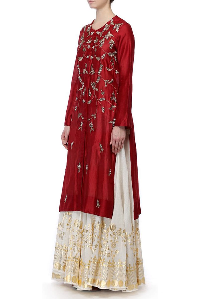Front-opening Embroidered Kurta & Foil Printed Skirt