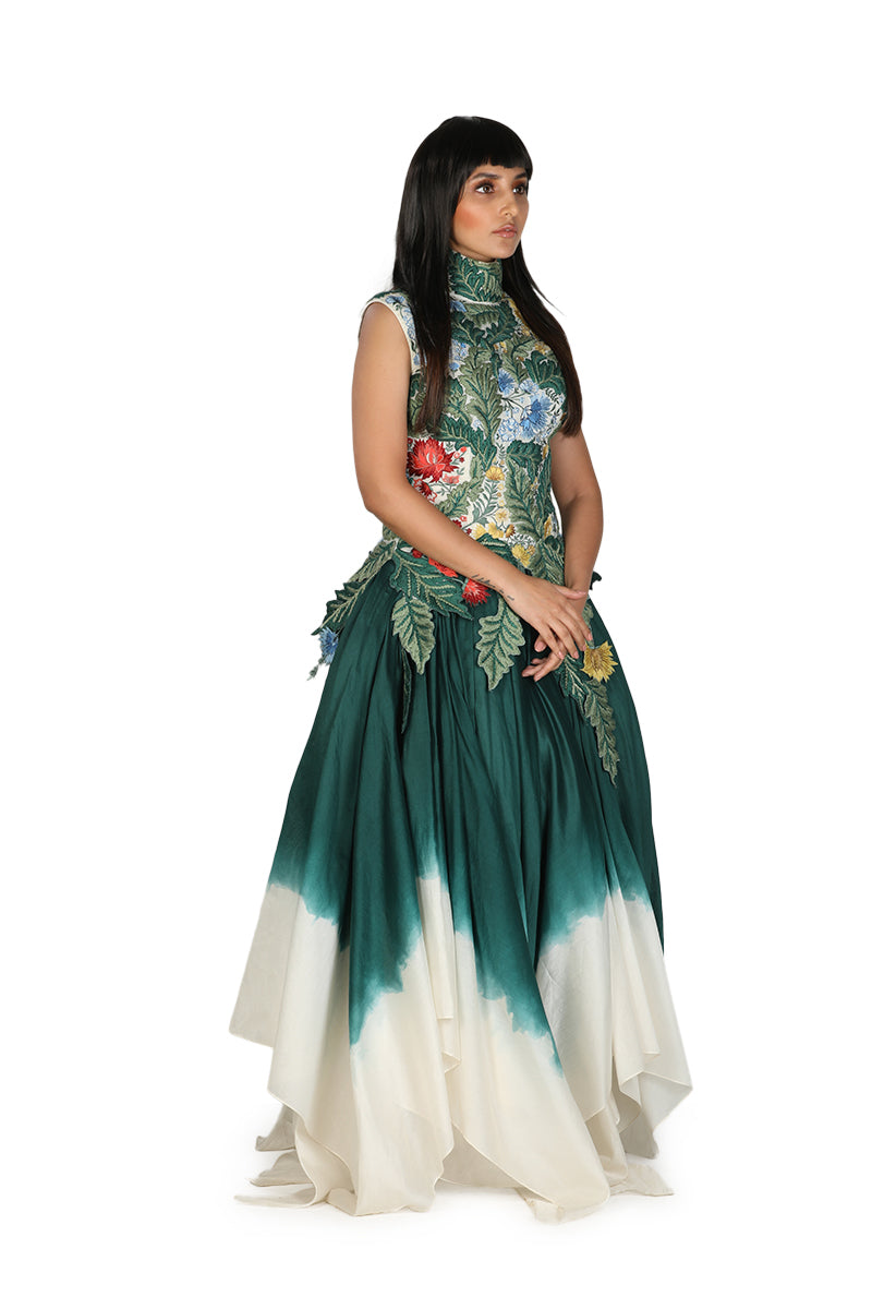 Cotton-silk Ombre gown in ivory and green