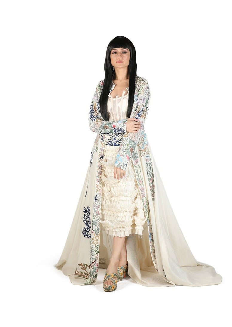 Embroidered Long cotton silk jacket with tube dress