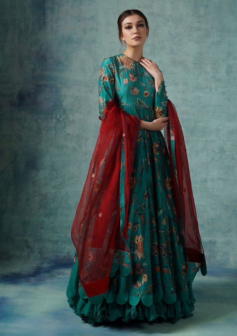 A cotton silk Anarkali gown with attached cotton slip and organza Dupatta