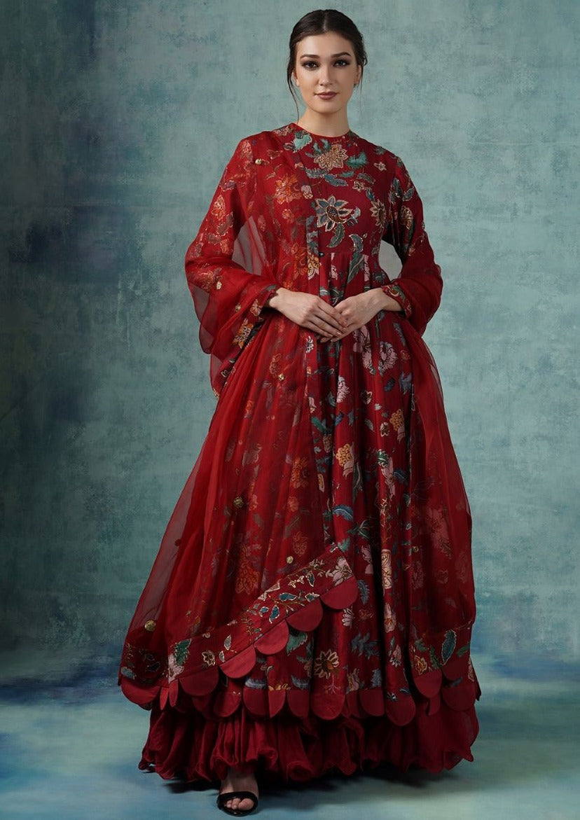 A cotton silk Anarkali gown with attached cotton slip and organza Dupatta