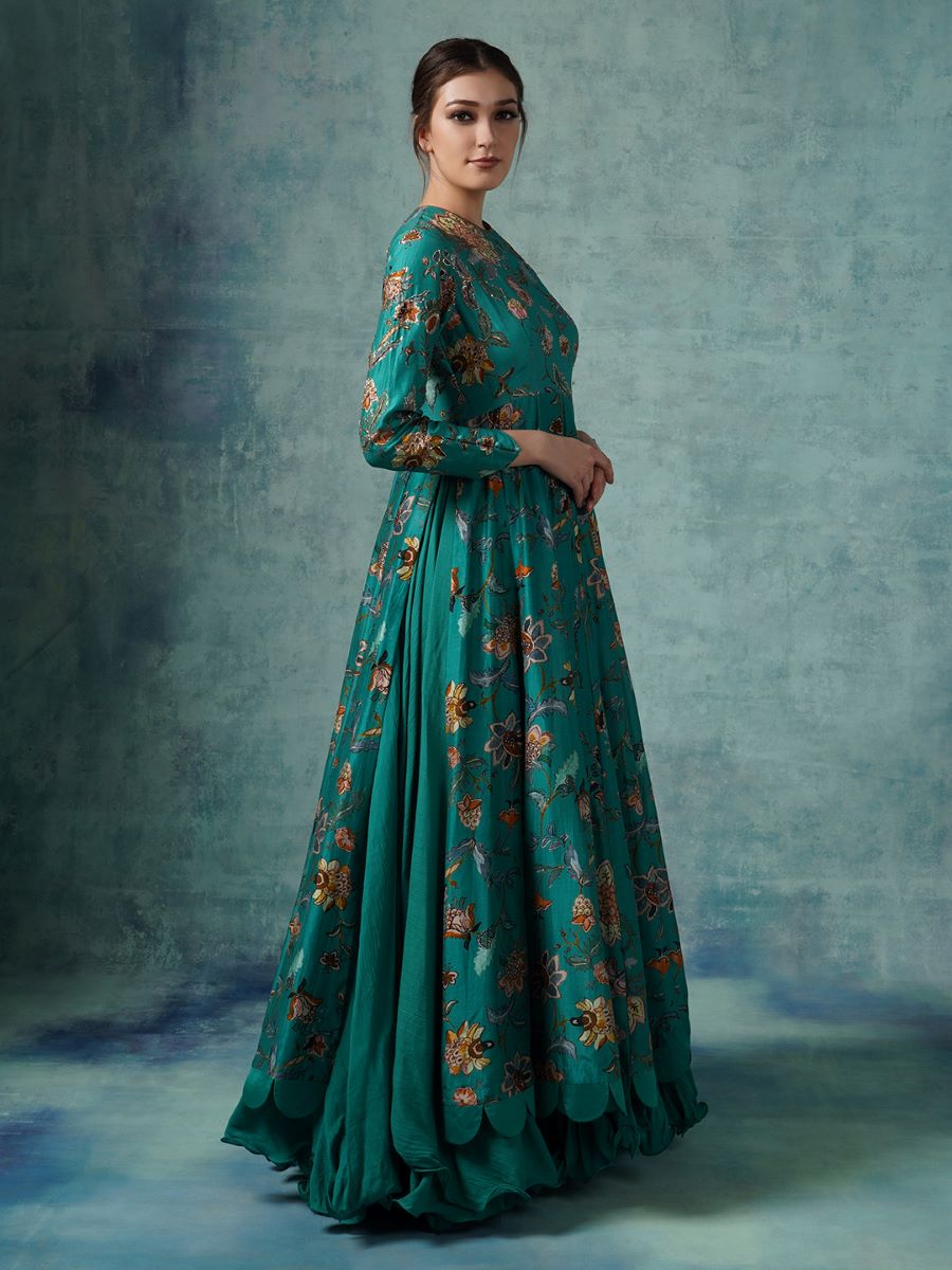 Gown With Dupatta | Blue Heavy Embroidered Silk Anarkali Gown – Gunj Fashion