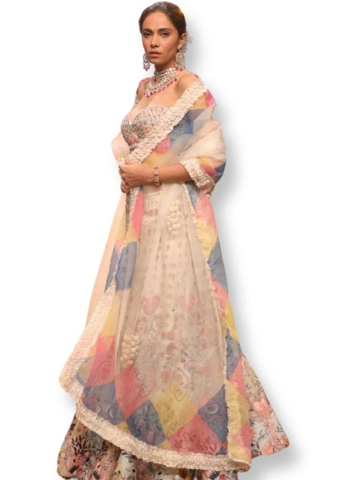 Printed organza silk lehenga set that is adorned in embroidery