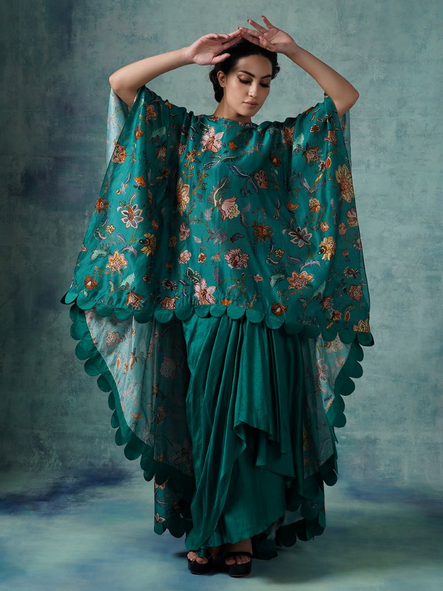 Printed cotton silk kaftaan with a drape skirt