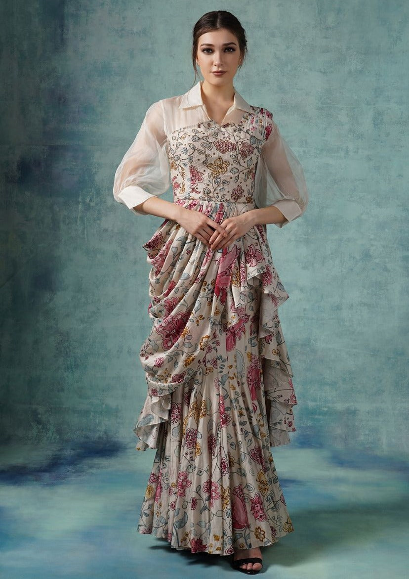 A printed cotton silk ruffle drape saree