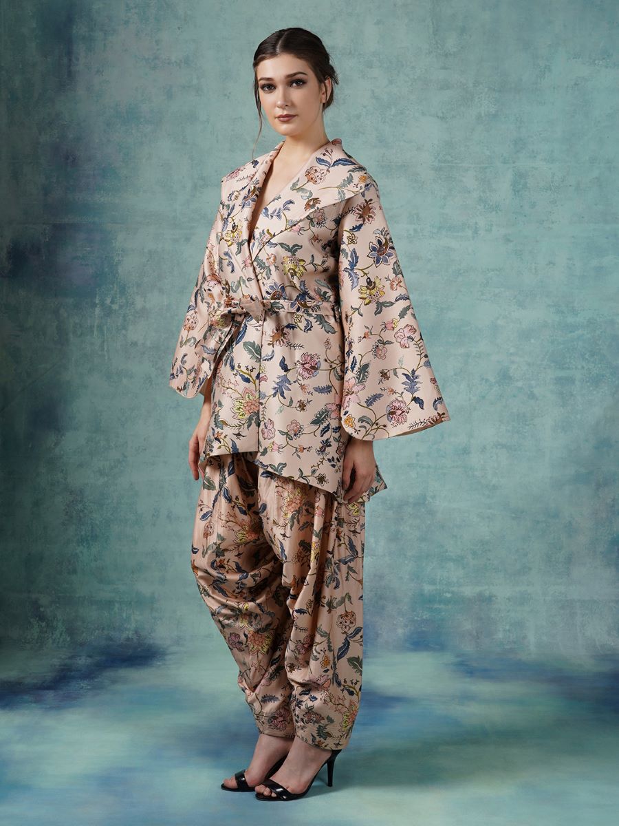 A cotton printed silk jacket with dhoti pants