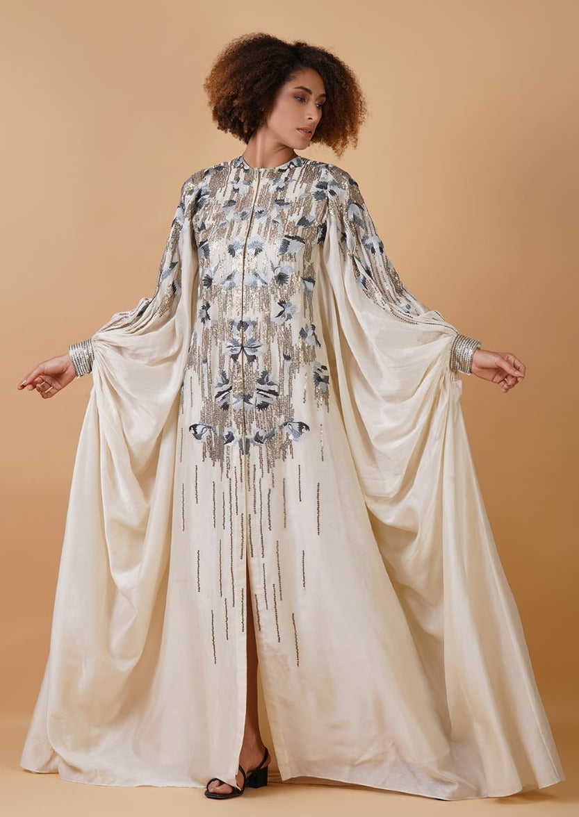 A white cotton silk kaftan dress with zero neck