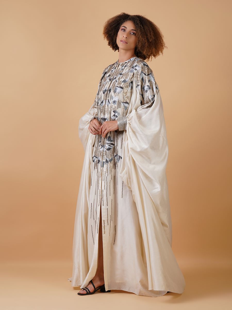 A white cotton silk kaftan dress with zero neck