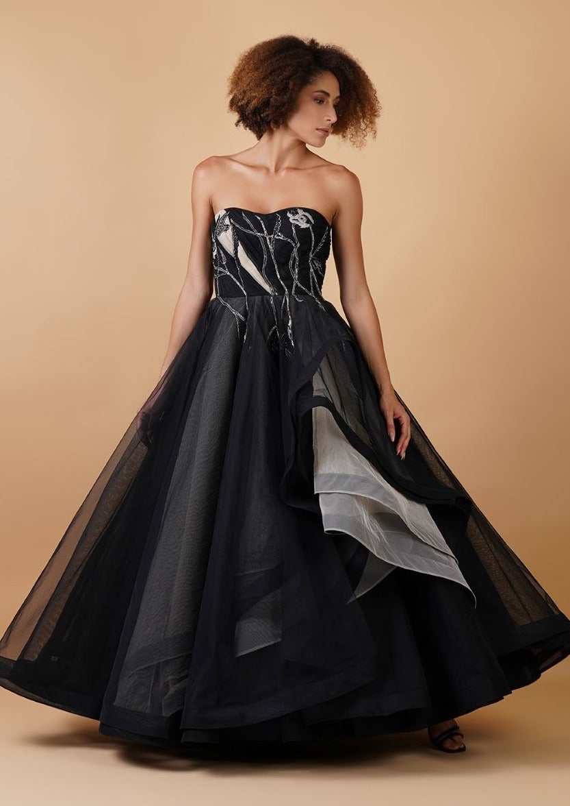 Featured here is a black princess cotton silk and net gown