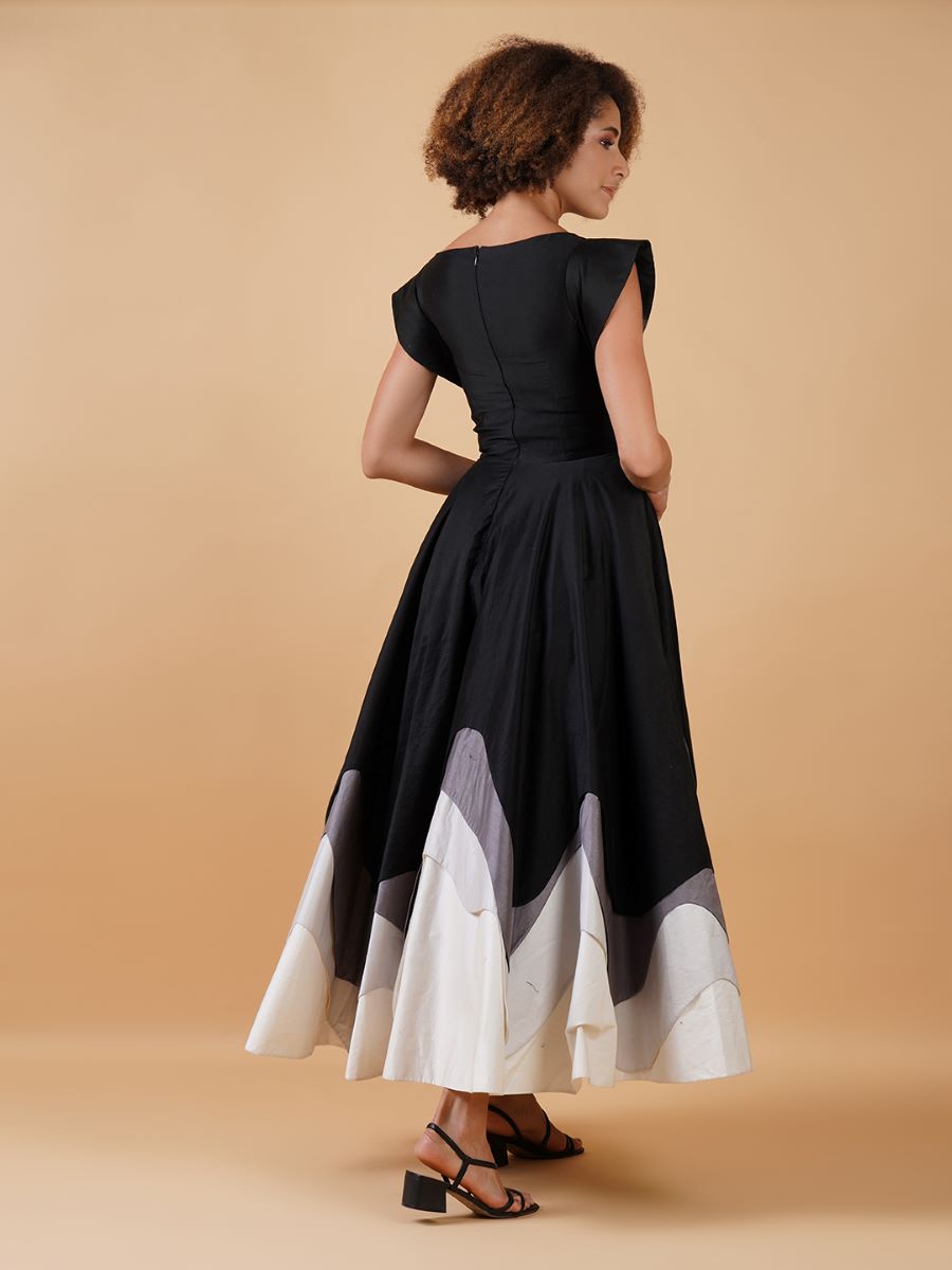 241M2715 A-Line Off-Shoulder 3/4 Sleeves Silver Black Column Evening Dress