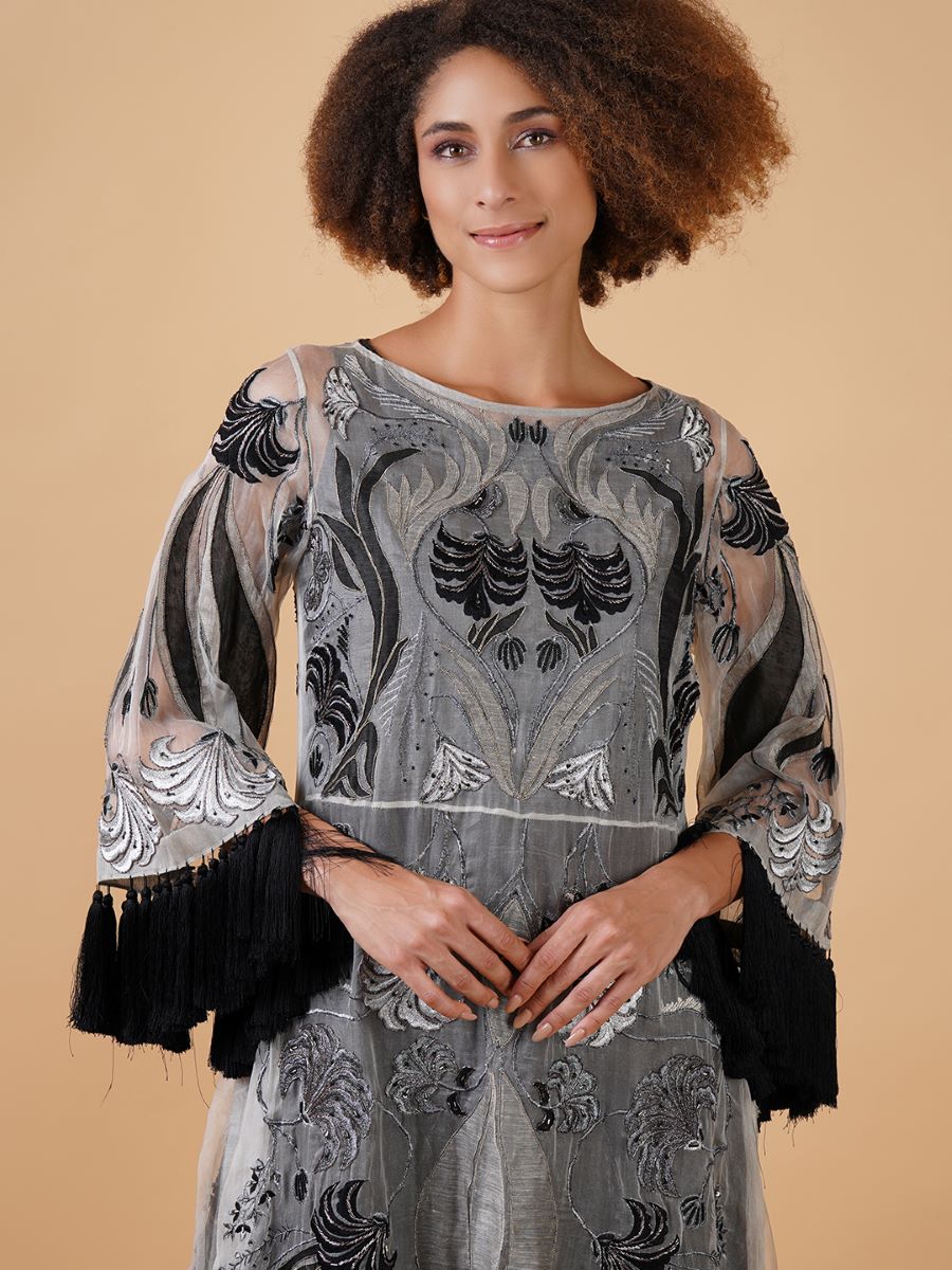 An organza base dress that is adorned with appliqué work in beautiful patterns