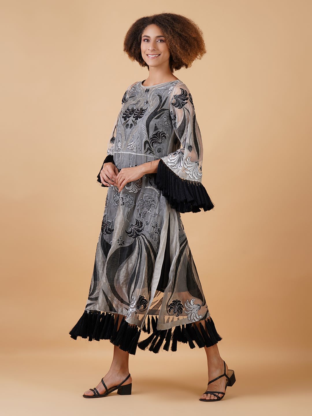 An organza base dress that is adorned with appliqué work in beautiful patterns