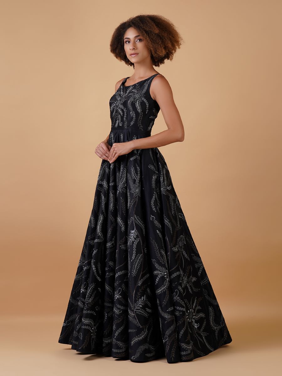 A black cotton silk gown beautifully embroidered in silver zari