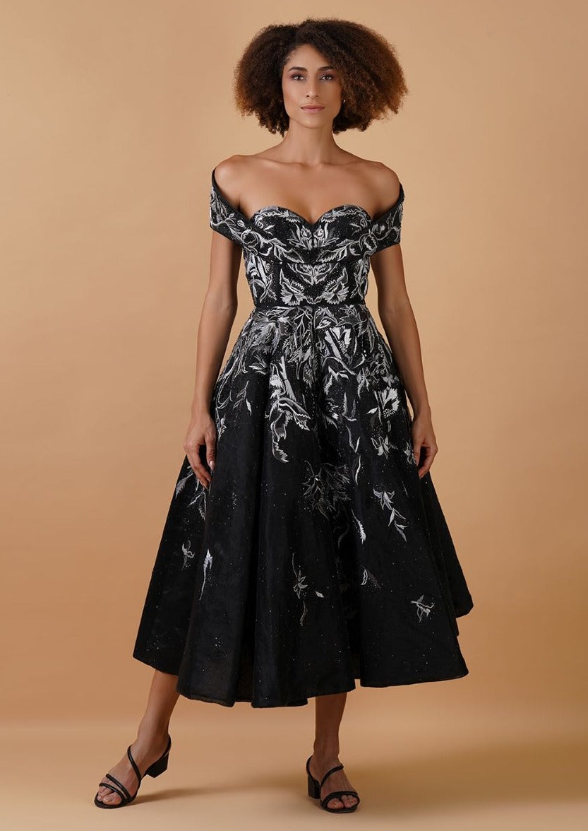 A black off-shoulder, calf length Cotton silk gown