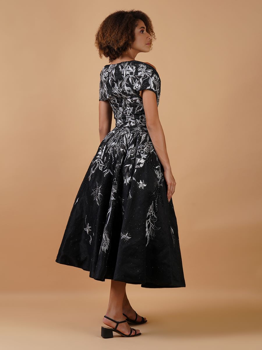 A black off-shoulder, calf length Cotton silk gown