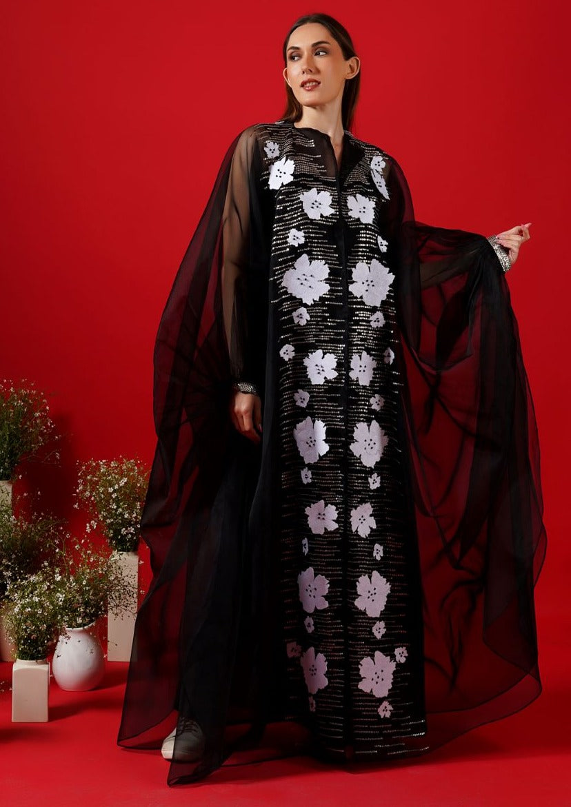 Black Organza kaftan that is surfaced with applique work