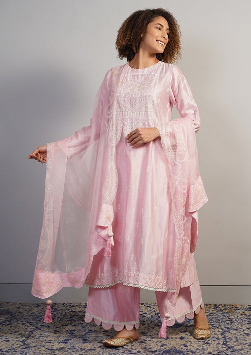 A beautiful baby pink cotton silk suit set in zero neck, adorned with intricate Aari work - samantchauhan Apparel & Accessories